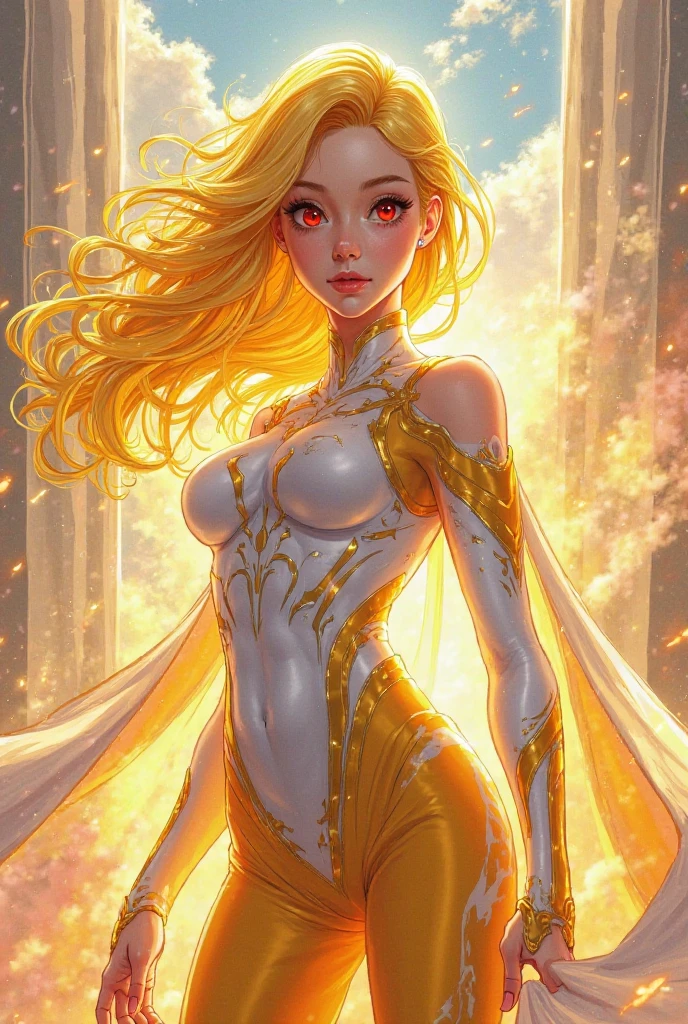 smiling young woman angel looks down from above in quantum body suit with blond long hair with open palms and luminous ribbons instead of wings, braided with luminous threads and ribbons, heaven on the background, sci-fi, epic, dramatic, golden color palette, UHD, masterpiece, ccurate, anatomically correct, textured skin, super detail, best quality, 16k