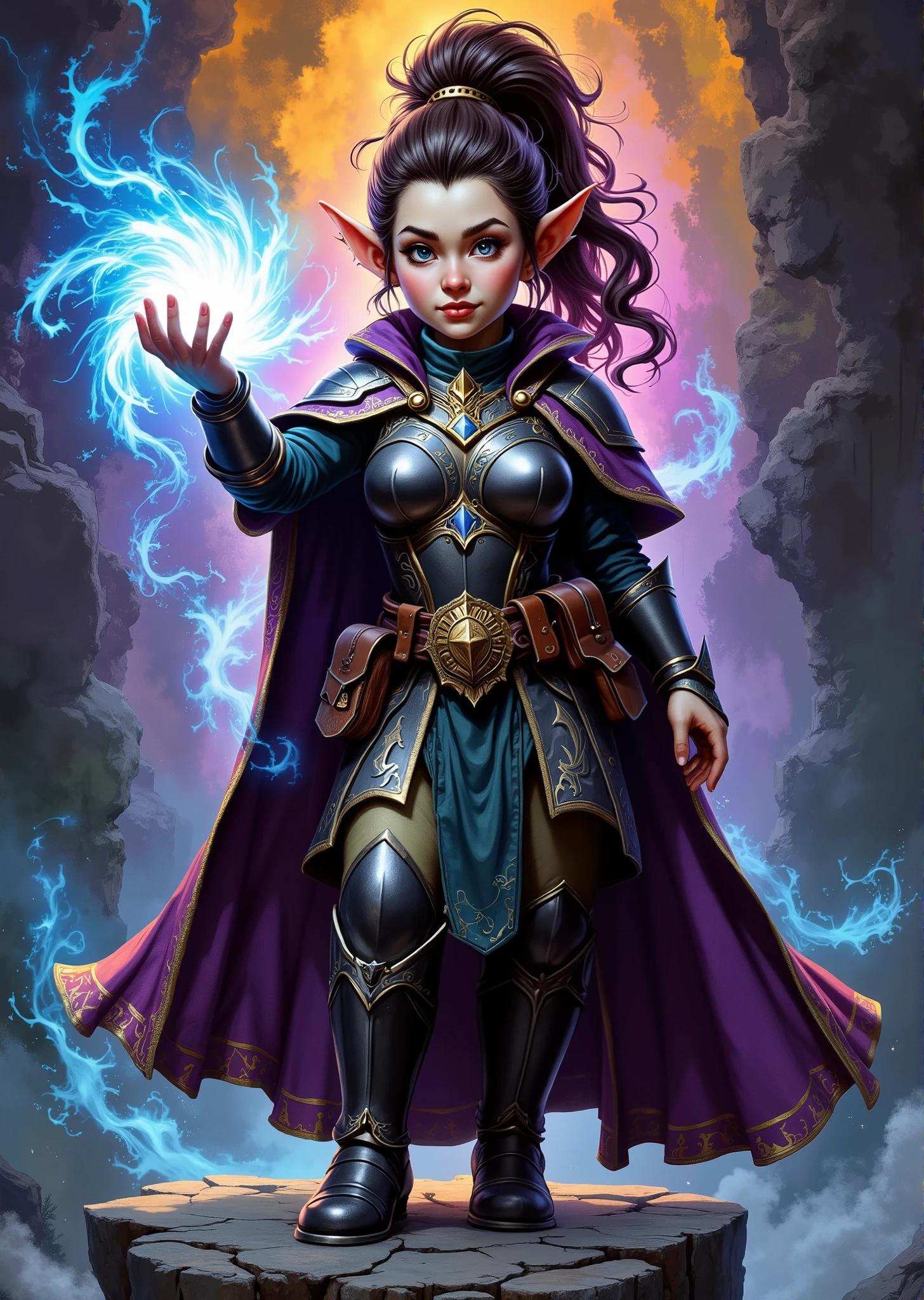 An extremely detailed comic book illustration of a stunningly beautiful extremely curvaceous Gnome from Dungeons and Dragons petite magical folk with big eyes and pointed ears created by gods of invention and illusion seldom seen by other folk due to the gnomes' secretive nature and their propensity for living in forests and burrows making up for their small size with the cleverness trained as a Dungeons and Dragons Paladin who has sworn the Oath of Glory whose source of power turns a devout warrior into a blessed champion mastering a variety of weapons and armor secondary only to their magical power they wield the power to heal the injured smite the evil and protect the helpless living their lives on the front line against the cosmic struggle against annihilation striving always to achieve glory through deeds of heroism and might wearing a fitted dark metallic armor that covers her torso and shoulders with a sleek reflective finish with intricate designs etched into its surface with long sleeves that extend to the wrists crafted from a flexible material that allows for ease of movement a richly colored dark cape that flows elegantly a wide belt cinched at her waist featuring various pouches adorned with ornate buckles matching the intricacy of her armor with her legs protected by segmented armor that mirrors the design of the upper body providing mobility while maintaining a cohesive look with one hand outstretched emanating a magical glow that suggests she is casting a spell or channeling energy with visually dynamic effects swirling with vibrant colors that contrast with her armor and cape with her hair styled in a way that complements her features flowing freely in an art style inspired by Frank Miller and Conan the Barbarian. The Background is awash in textured brushstrokes of brilliant dawn shades. Standing in a dynamic action pose. Trending on Art Station.