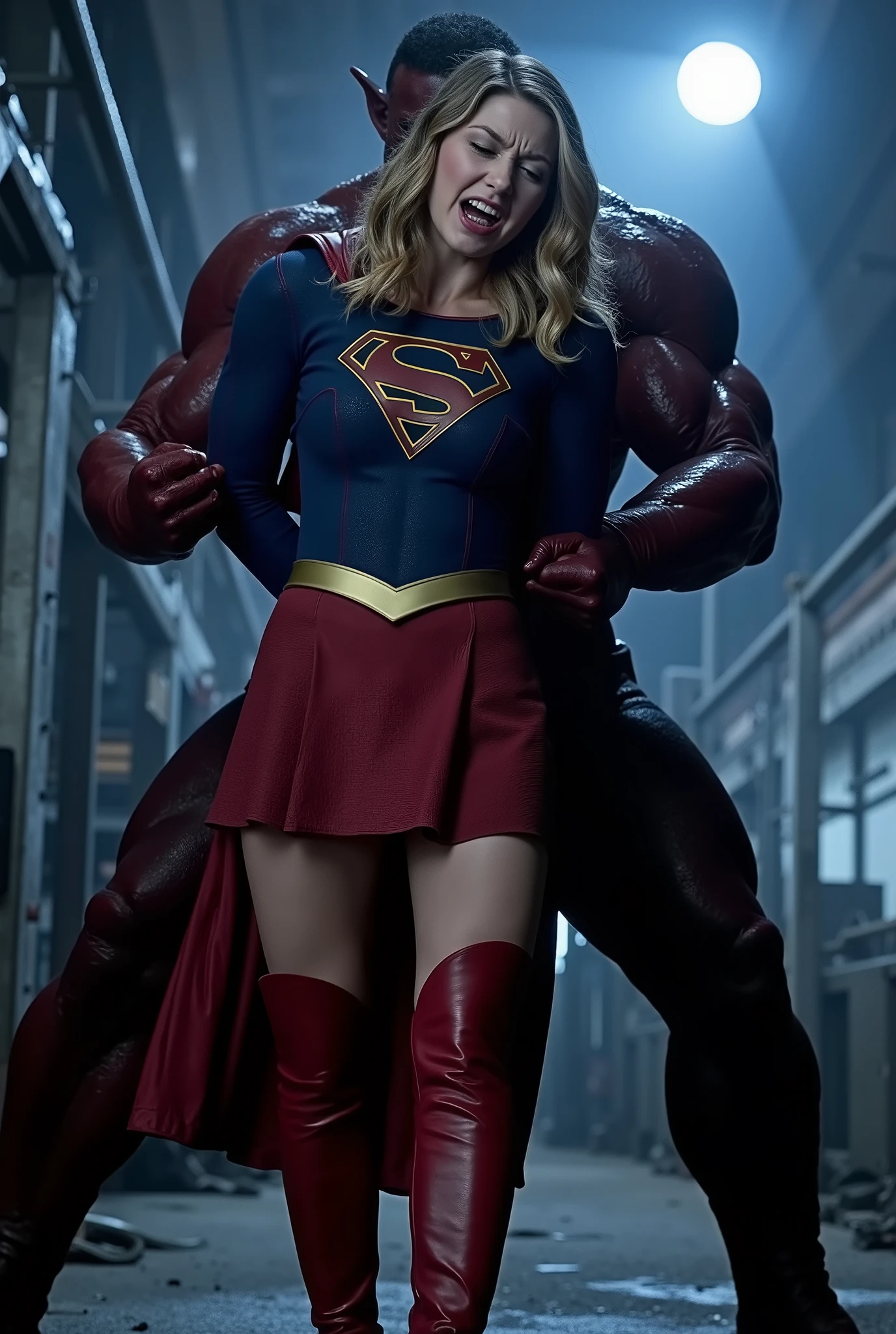 Melissa Benoist as Supergirl, (a very short skirt), she is nervous, arms behind her back, wearing a Supergirl costume, blue shirt and red short skirt, red high boots, she is sexual assaulted from behind by a huge devil, ((painful face)), (Supergirl is screaming in pain), The fierce devil is holding her arms tightly from behind, whole body from head to feet are visible, in the factory, night time, bright spot lighting,