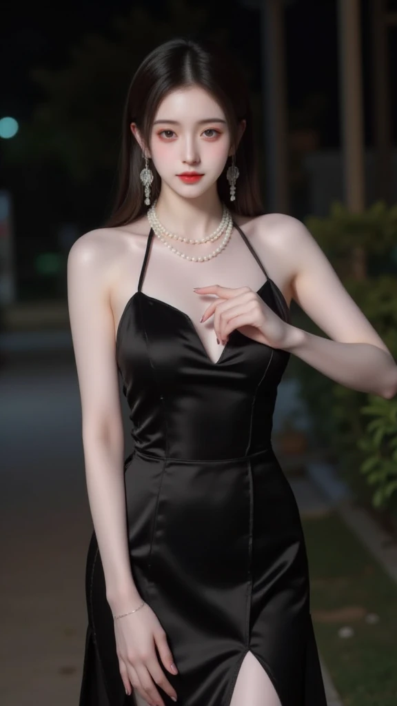 Top Quality, Photorealistic, 8K, Raw Photo, High Resolution, princess , (Skindentation), (Professional Lighting), (Portrait:0.6), Gorgeous, Photorealistic, (Bokeh), (Portate:0.6), (Dynamic Pose: 1.2), Masterpiece, Complex and Realistic, (Artistic:1.4), Sharp Focus, Award winning photos, ( Trusting Eyes:1.3), ( Small breasts:1.4), (cleavage:1.3) , (Smile:0.3),  (Super Detailed Fashionable Gorgeous: 1.5), Fashionable ornaments,  (Slender and toned body:0.3), ( beautiful raw legs :0.3), (luxury divine platinum black dress:1.6), ponytail, (elegant, gorgeous:1.4),