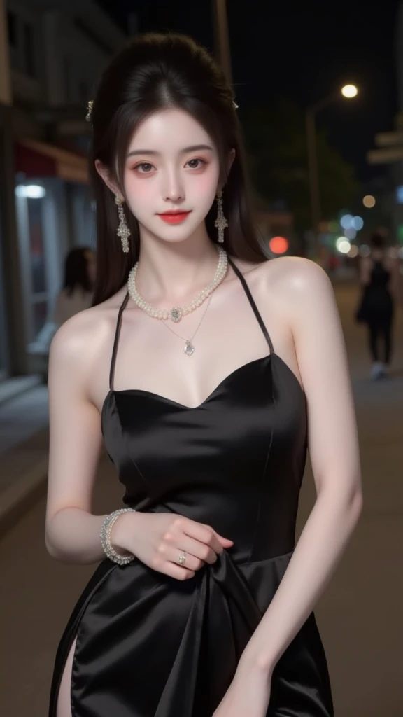 1 person only, 8K RAW photos, 22-year-old Korean model ,167cm, slim body , perfect breasts ,fair skin, soft body, black silk masterpiece elegant dress, eyes beautiful in detail, beautiful double eyelids, slit eyes, long pale brown ponytails, luxurious bracelets, necklace, hotel lobby