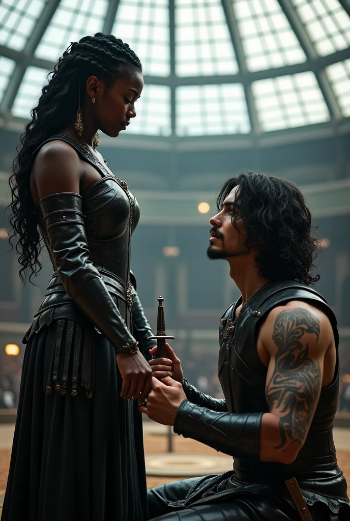 A hyper realistic image of a King and a queen standing together holding hands in the throne room, horned demon skulls adorn the walls, The Queen has long curly black hair and is wearing a sensual and revealing black and purple leather outfit, the king is bald and has black tribal tattoos and a goatee, 16K, epic detail, epic composition.