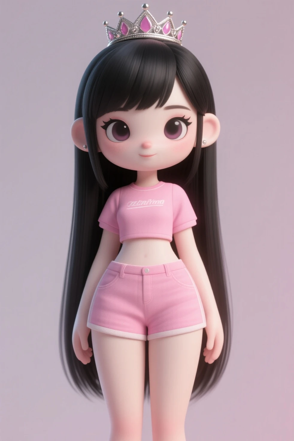 style Roblox. a beautiful girl with black hair with a white bow behind her hair,a beautiful blouse and pink shorts,she also wears cute pink sneakers.Pink glowing eye.And she is beautiful and happy.