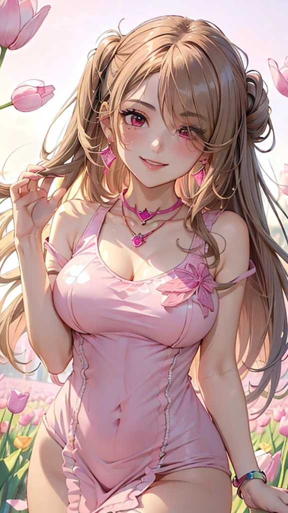 One Girl(High resolution, masterpiece, accurate, Anatomically correct), ((Slightly red cheeks、Mouth slightly open、smile、Beautiful breasts、Big beautiful pink eyes))(((slouch、Night view)))、(Light Hair、Brown eyes、Straight bangs、Flower Hair Ornaments)、((She's wearing a hoodie over a gold bikini))、Highest quality, Ultra high definition, High-resolution model、From the knee up