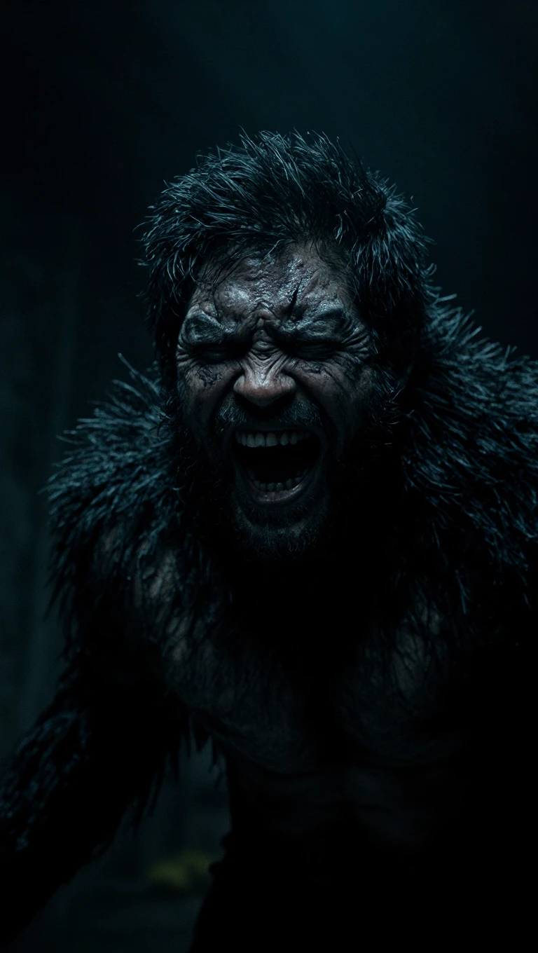 Create a very strong being, with long hair all over his body, more than 250 centimeters tall, with large teeth, exaggerated mouth and yellow eyes, he is standing in a forest in the middle of the night