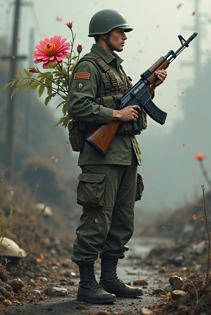 Create a soldier with a flower rifle in his hand - SeaArt AI