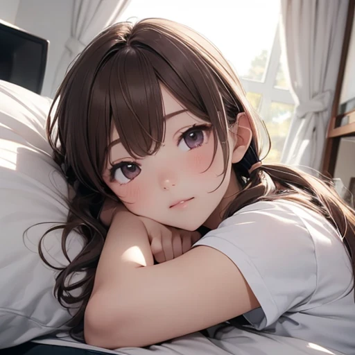 Masterpiece, best quality, high quality, ultra detailed, 1girl, close up, kawaii portrait, brown long hair, looking at viewer, brown eyes, huge luminous sad eyes, laying on a bed, hand on face, bedroom, pale milky white porcelain skin