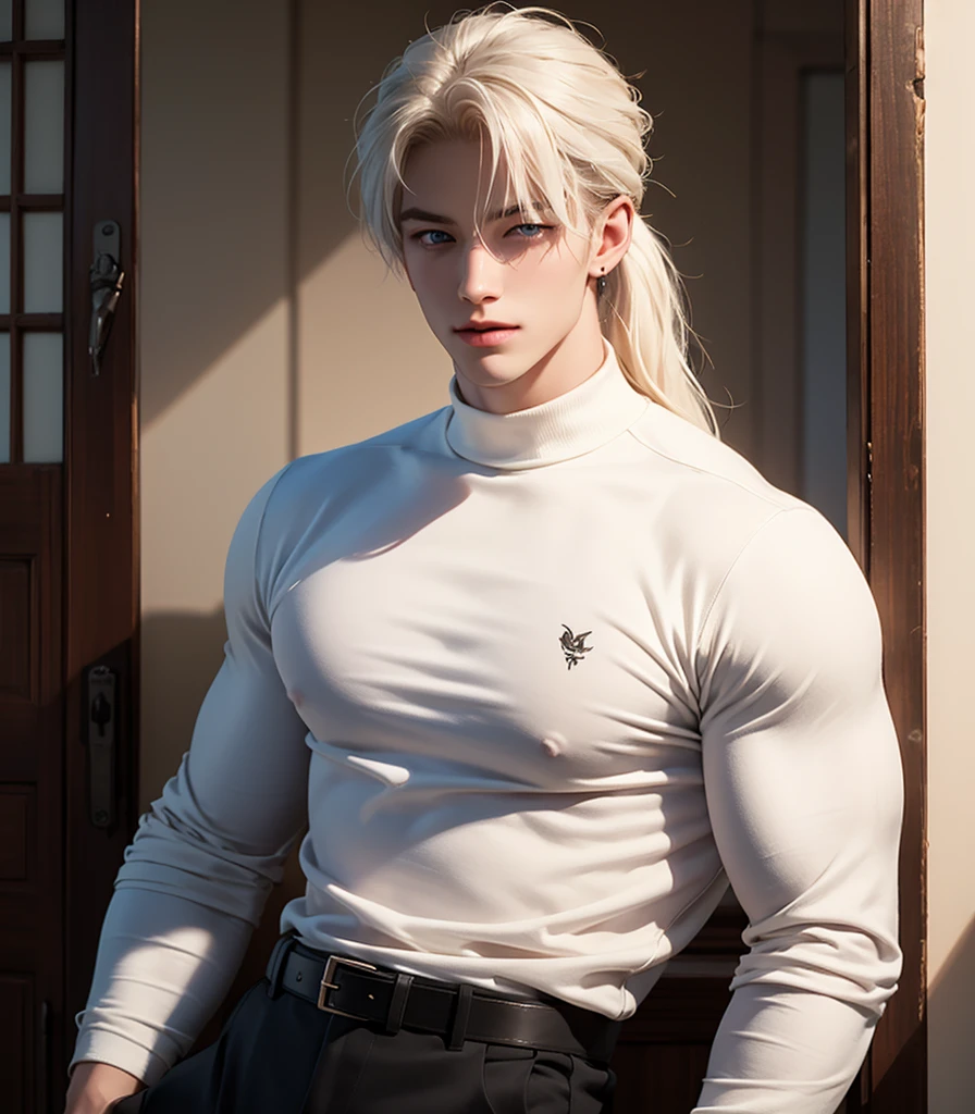 1boy, adult, handsome, perfect face, detailed eyes and face, clean shaved, muscular, capturing a rural atmosphere, dynamic lighting, unreal engine 5, hd picture, satoru gojo, white hair, short hair ,hair between eyes ,blue eyes, white skin, milk pink nipple details