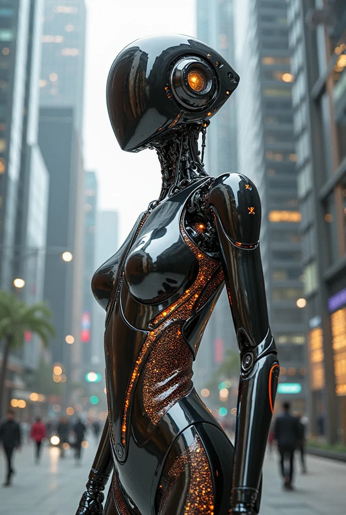 Woman-robot walking down the street in a crowd of people in the big city, defile, high quality, best quality, absurdres, masterpiece, beautiful, intricate details, 1/2 body crop, slim body, beautiful figure, magnificent anatomy, (intricate details:1.12), HDR, (intricate details, hyper-detailing:1.15), (natural skin textures, hyper realisitc, soft light, Sharp:1.2)