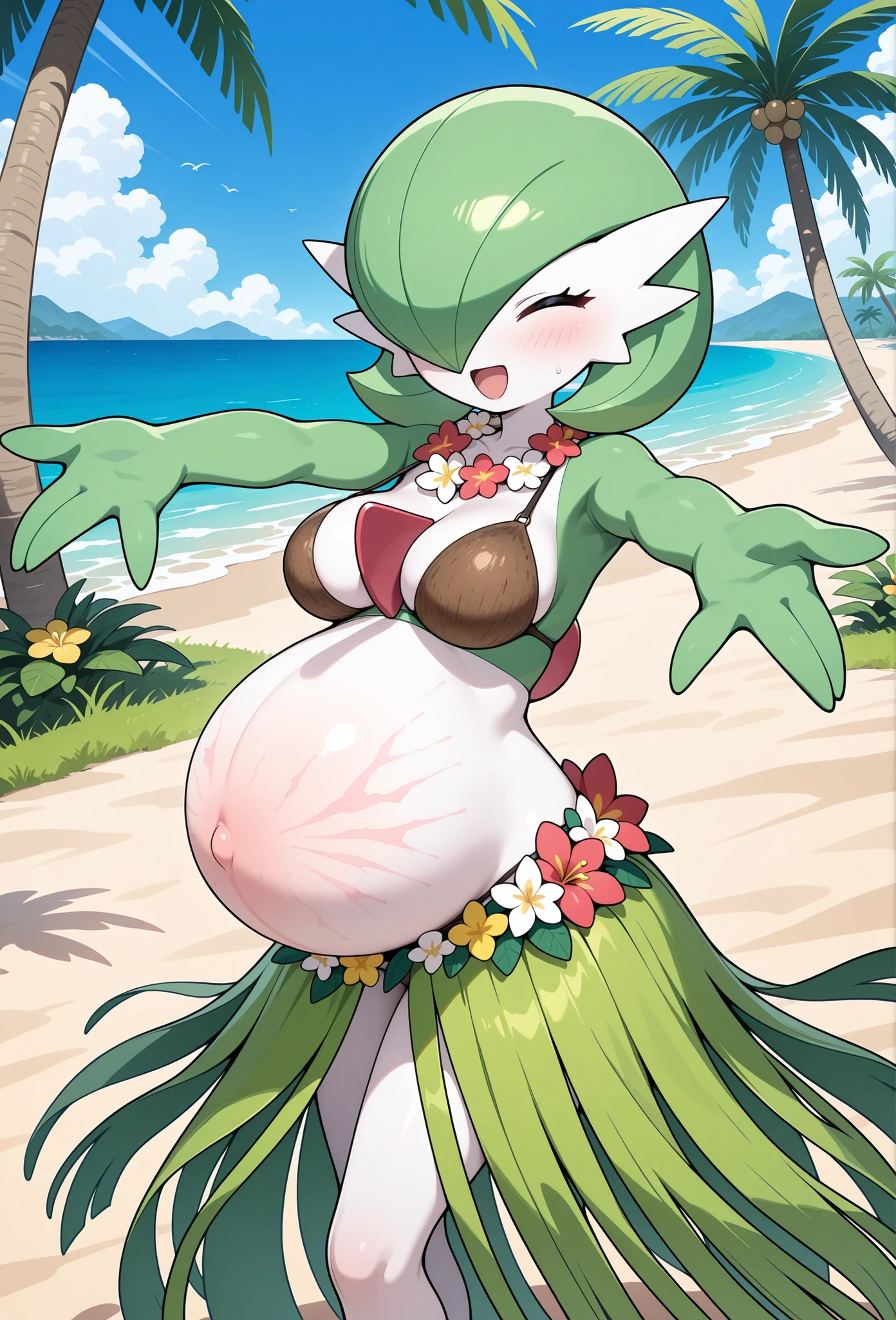 score_9, score_8_up, 1girl, gardevoir, happy, full body, outdoors, human proportions, looking at viewer, by diives, pregnant, pregnancy, shy smile, rubor, mirada tranquila, tranquila, manos en la cadera, hands on belly, bikini, senos, senos femeninos, senos grandes, big , lago, fondo de lago, en un lago.