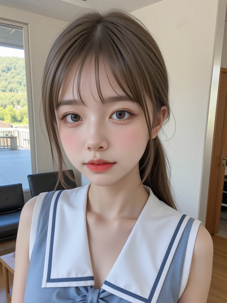 one person、whole body photos、Navy blue polo shirt、Cleavage、Navy blue mini skirt、fun、15 years old、whole body、slender、woman、White drool coming out of the mouth、Short hair, fair skin,Twin tails、Super cute、Soft and Face、Brown Hair、8k resolution、Surreal、Ultra high definition、 Soft Body、A-cup small breasts（（Highest resolution、8k、masterpiece：1.3））、Ultra-fine face、Ultra Fine Lips、Beautiful Eyes、double eyelid,Slender figure、I can see your thighs、Shapely small breasts、Pink wall