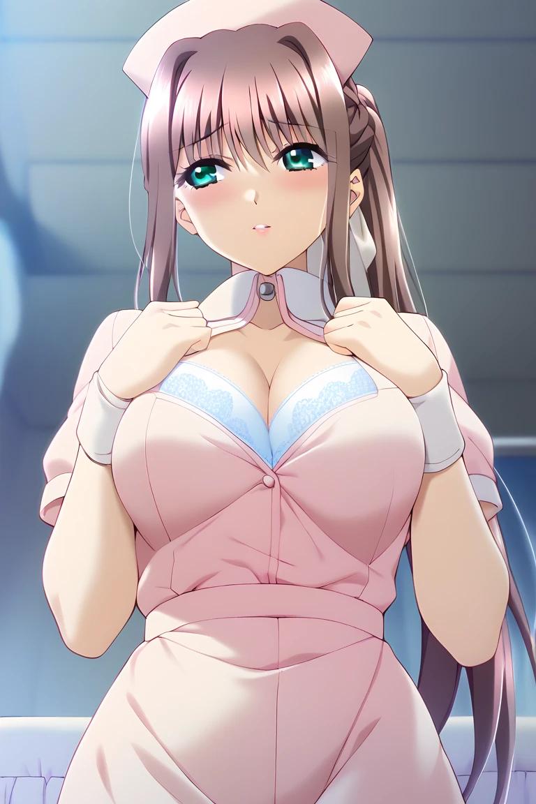 yuikotegawa, yui kotegawa, black hair, (brown eyes:1.5),big breasts,happy smile, smile, open your mouth, long hair,transparent and pink latex, Thighhighs, cleavage, pink panties, nurse cap, nurse, pink gloves, sexy pose,
break indoors, Examination room,
break looking at viewer,whole body, (cowboy shot:1.5),
break (masterpiece:1.2), highest quality, High resolution, unity 8k wallpaper, (figure:0.8), (detailed and beautiful eyes:1.6), highly detailed face, perfect lighting, Very detailed CG, (perfect hands, perfect anatomy),
