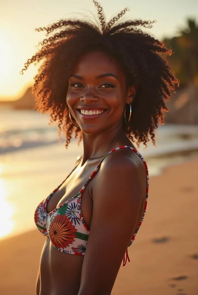 A mulatto woman in a bikini smiling by the sea. Brazilian is someone with a rich ethnic heritage, often displaying a combination of African and European ancestry, with a variety of skin tones and a vibrant culture that celebrates Brazil's racial and ethnic diversity.