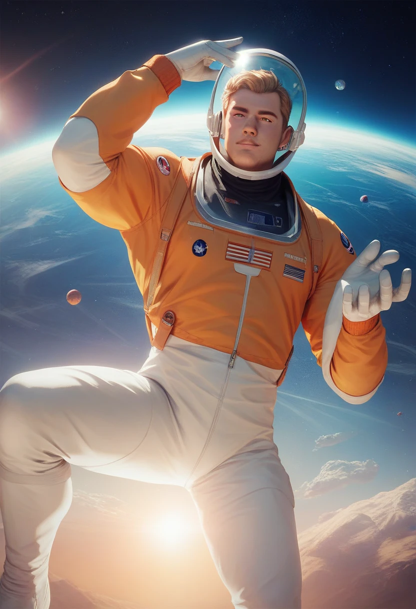 Hombre, muscular, astronauta, en el espacio 