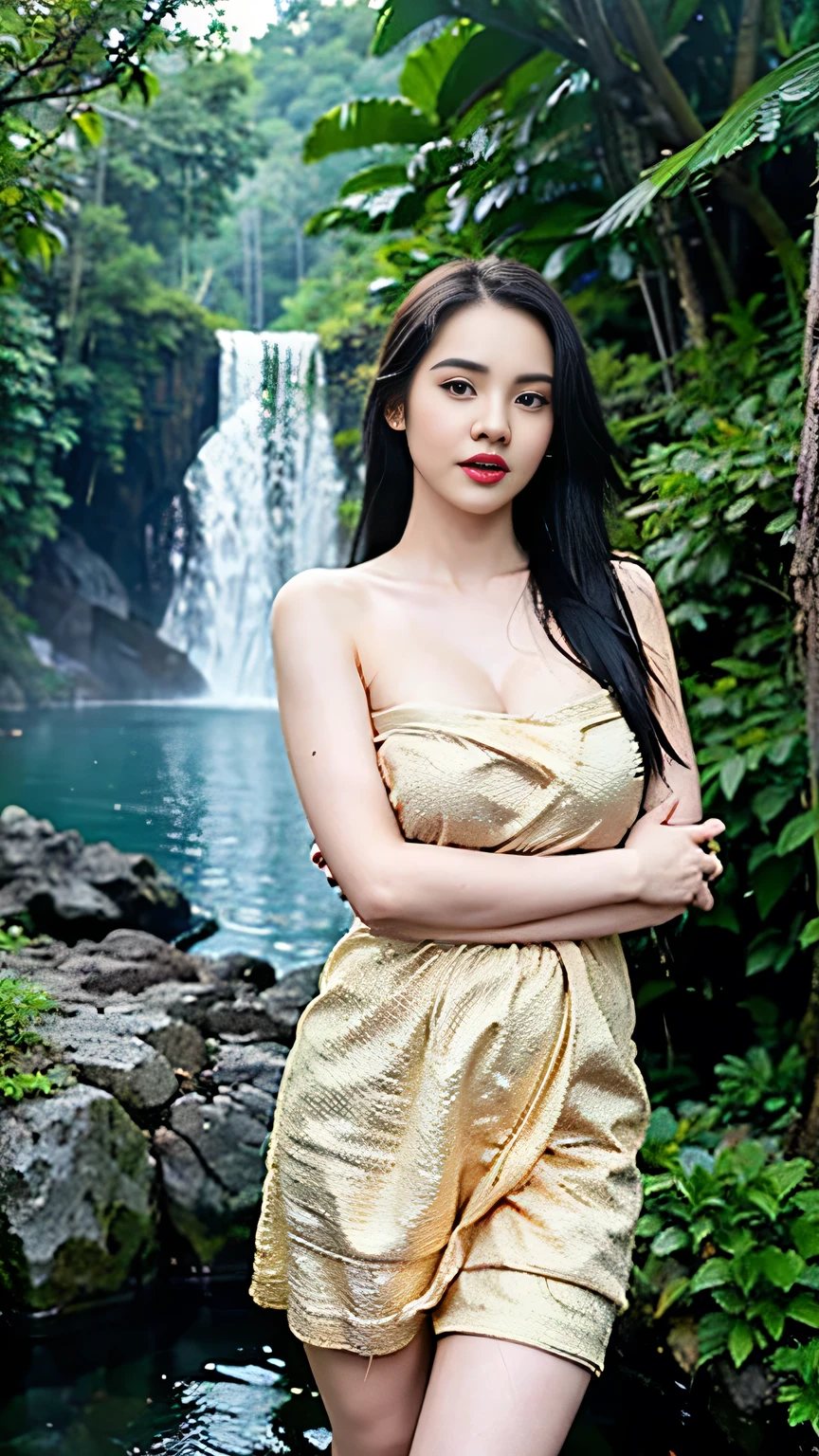 Beautiful Girl, Spanish makeup, Red lips, huge breasts, ((medium body, open legs)), wrap a towel, body towel wrap, white towel, thigh, bodytowel, dripping water on big cleavage, Looking at the viewer, stand, pose standing, lakes, ((view of the lake in the middle of the forest, waterfall)), rainfall, sunlight. Ultra photoreal shot. High details, Backlit. Diffuse lights. Viewed from afar. Dutch angle. realistic hands, wide angle. Isometric, green fog in cave, smoke around