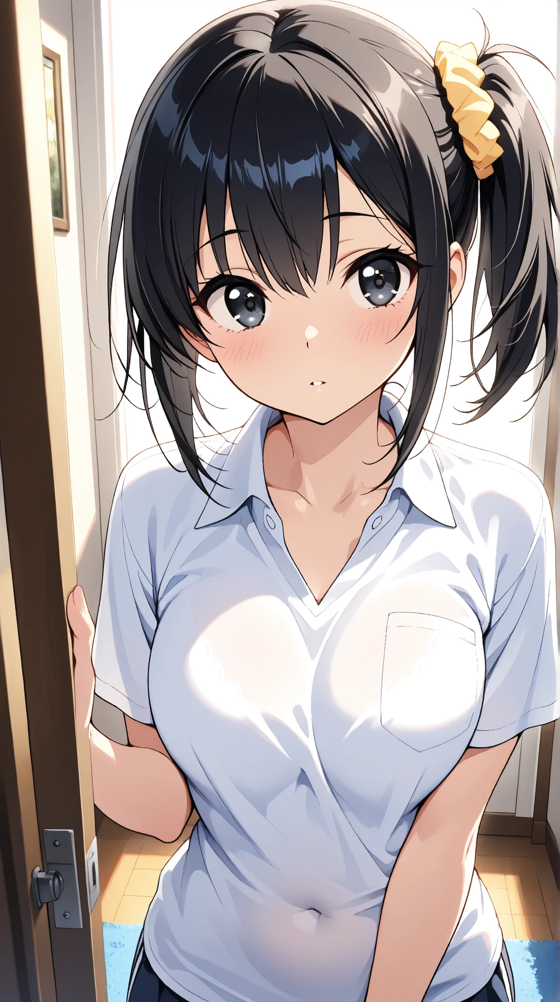 shinkai makoto, kimi no na wa., POV (pov viewer's hands unbuttoning girl's shirt),1girl, bangs, black hair, brown eyes, worried eyes, open mouth, twisted half up, red ribbon, long hair, long sleeve light yellow cardigan, open shirt, white shirt, unbuttoned, medium breast, lift up bra, pink nipples, navel, collarbone, blue pants, looking at the viewer, arms up, lying, lying on wall, upper body, arms up, hands behind head, masterpiece, perfect anatomy, cowboyshot , point of view your hand caressing girl's chest , POV (POV naked boy's two hands touching girl's chest POV)