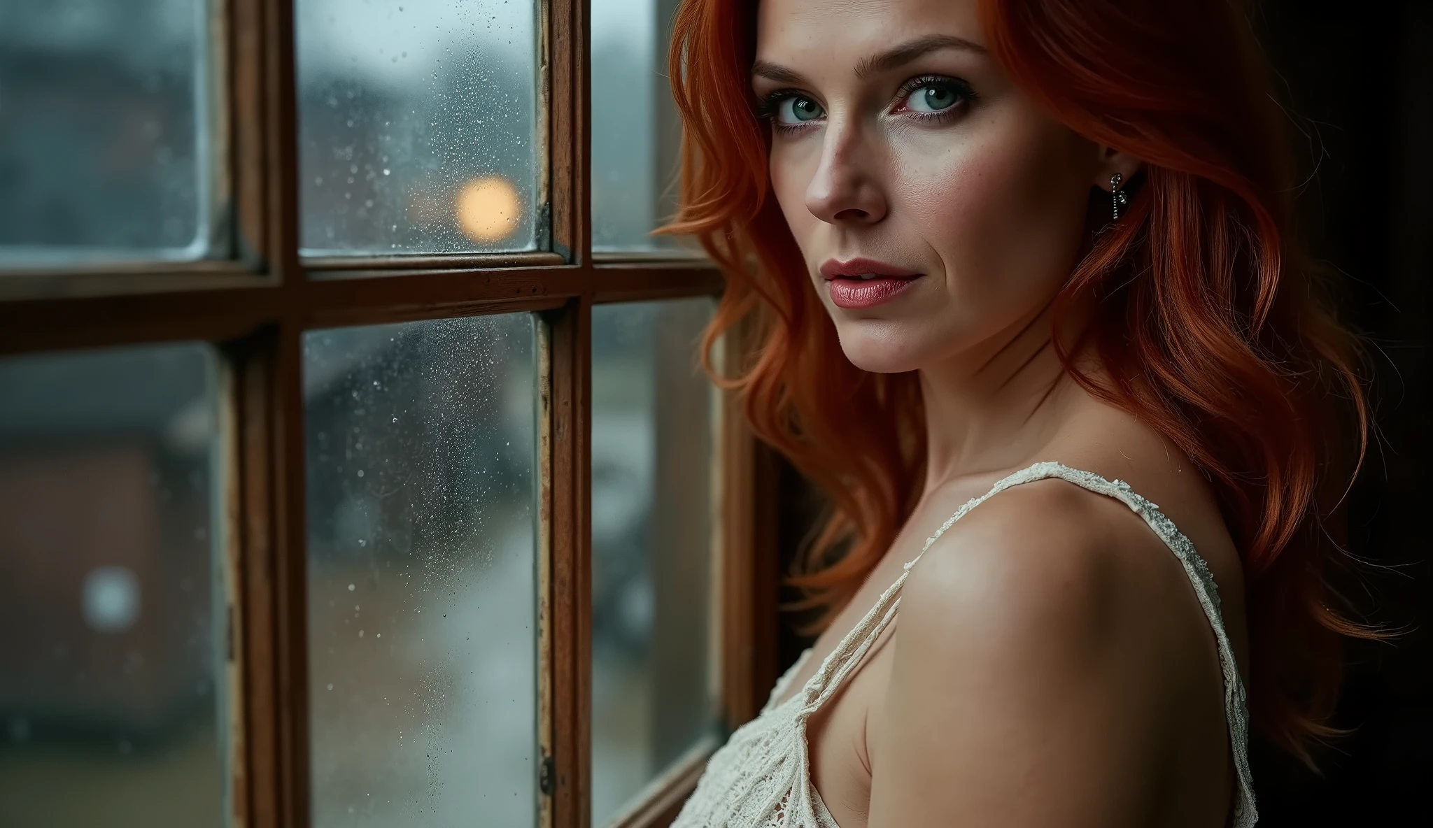 Hyper-realistic cinematic close-up shot in 16:9 aspect ratio: a seductive woman peers fearfully through the rain-speckled window of an old western brothel, her expression a haunting blend of allure and terror. The camera captures her from a slight low angle, focusing tightly on her face framed by the cracked, weathered wooden window and flowing, damp strands of hair clinging to her cheek. Droplets of rain streak down the fogged glass, distorting the dim lantern-lit scene outside, where the muddy, deserted streets and shadowy figures loom faintly in the background. Dramatic backlighting penetrates the dense fog and storm clouds beyond, outlining her silhouette with a soft, golden halo. Photorealistic textures reveal every intricate detail: the worn lace of her dress, the aged grain of the window frame, the condensation on the glass, and the beads of water on her skin. The environment remains highly immersive, with a shallow depth of field isolating her fearful gaze while keeping the moody brothel interior and the ghostly outlines of the rain-drenched western town faintly visible behind. The tone is dark, tense, and seductively tragic, evoking themes of danger, vulnerability, and hidden strength. Captured with a vintage film camera using a 35mm lens, featuring authentic film grain, muted earthy colors with deep shadows, rich tactile surfaces, realistic cinematic lighting, and a gripping, emotional narrative composition.