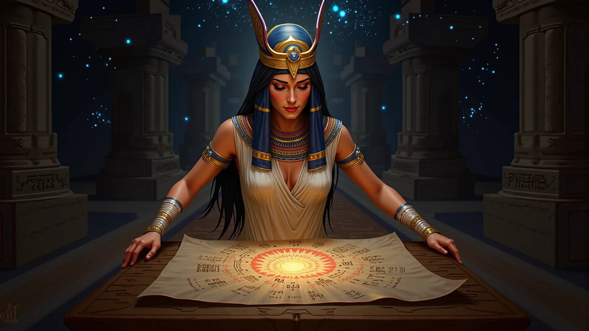 sfw, ((best quality)), ((masterpiece)), ((realistic)), (detailed), photo, distant shot side view of a thin egyptian sorceress wearing finely tailored clothes (performing occult ritual:1.5), distant facial expression, , (highly detailed face), ominous mood, realistic skin texture, (by artgerm), (occult magick theme:1.5), pyramids in background,