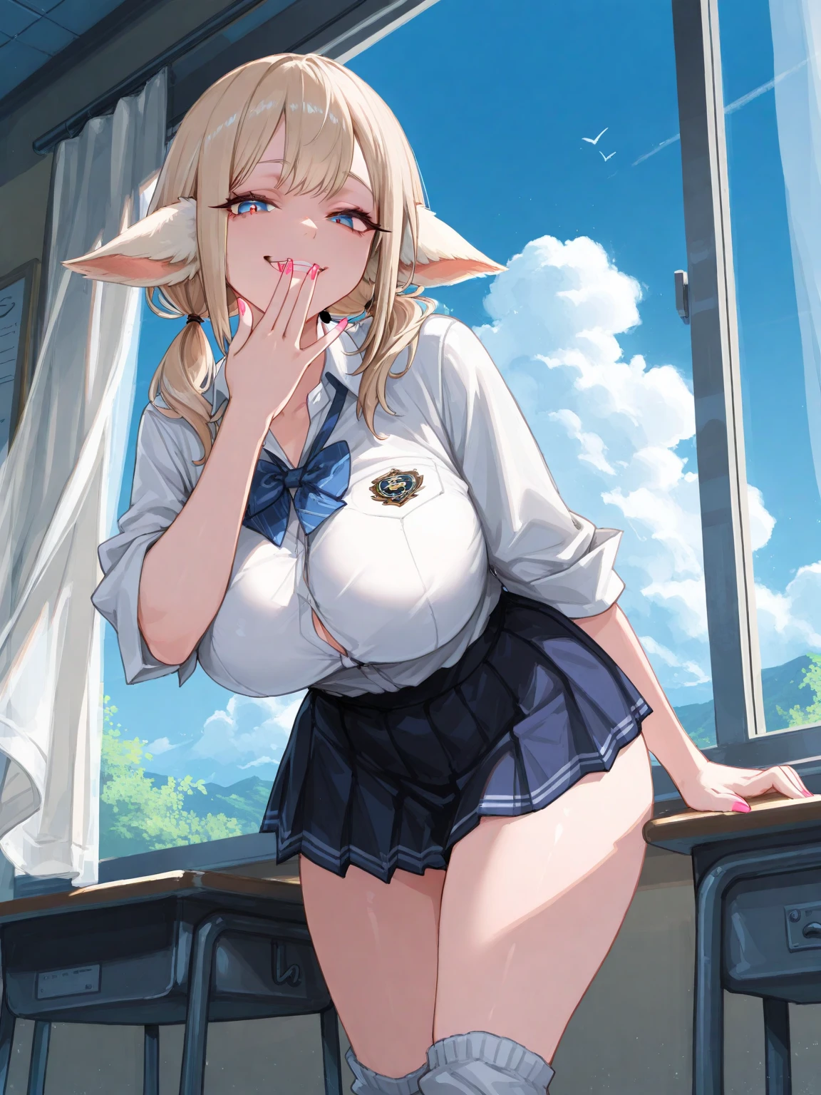 masterpiece, high quality, extremely detailed, 1girl,mature female, solo, dark skinned female, tan skin, gigantic breasts, cow girl, two tone hair, long hair, cow ears, cow horns, parted lips, catholic school uniform, light smile, wet, sweaty, sitting on the sofa, indoor