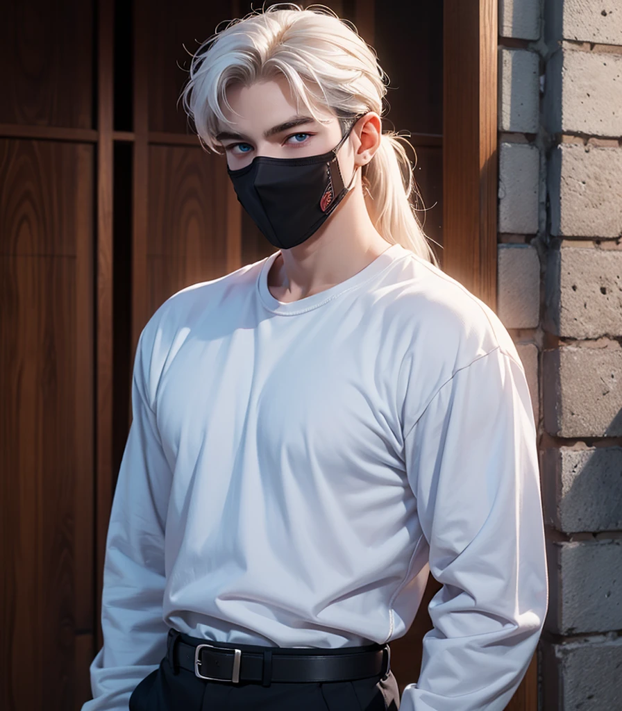 Teen male posing, downed yellow sweatpants, big dick, skinny body, atmospheric, cute face, white hair, blood, topless, mask