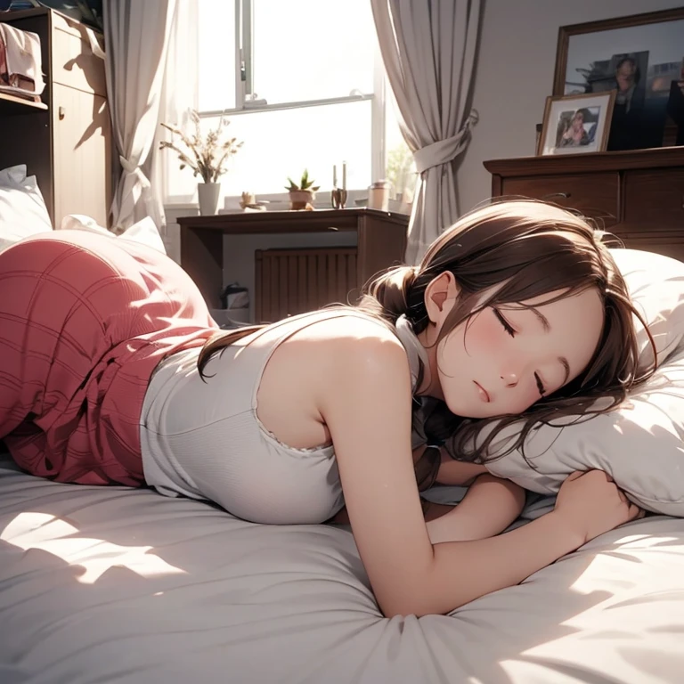 Sexy woman lying on bed exposing her breasts and, clearly visible
