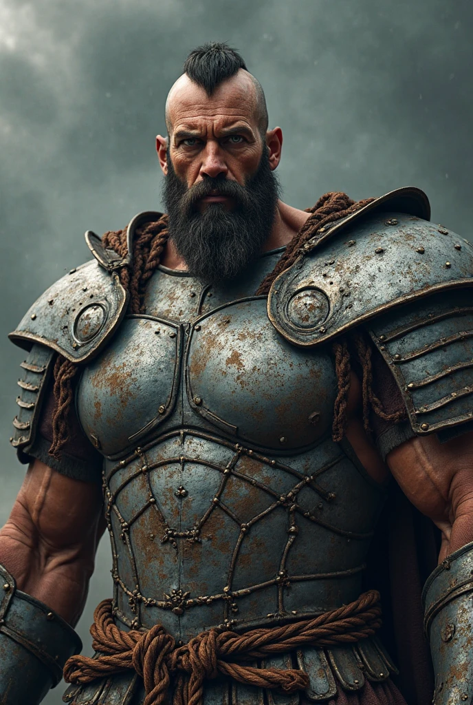 Hyperrealistic image of a post apocalyptic steampunk warrior man posing as a very muscular, grey-haired superhero., very old and very sweaty bodybuilder over 80 years old..very muscular and fat, He weighs more than 200 kilos with a naked torso., large and flaccid pectorals, Brown nipples and a big grey moustache in the middle of a ruined street with Victorians dressed in military trousers 