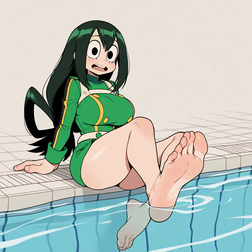 Masterpiece, Best Quality, high resolution, pier and sea in the background, A girl, alone, green eyes, long hair two braids, green color, funny look, sitting on the dock, smiling, (mallow) (pokemon), Swimsuit, bare shoulders, legs stretched and apart, barefoot, soles colgando , head on, (soles) , (view from the ground up) pies head on