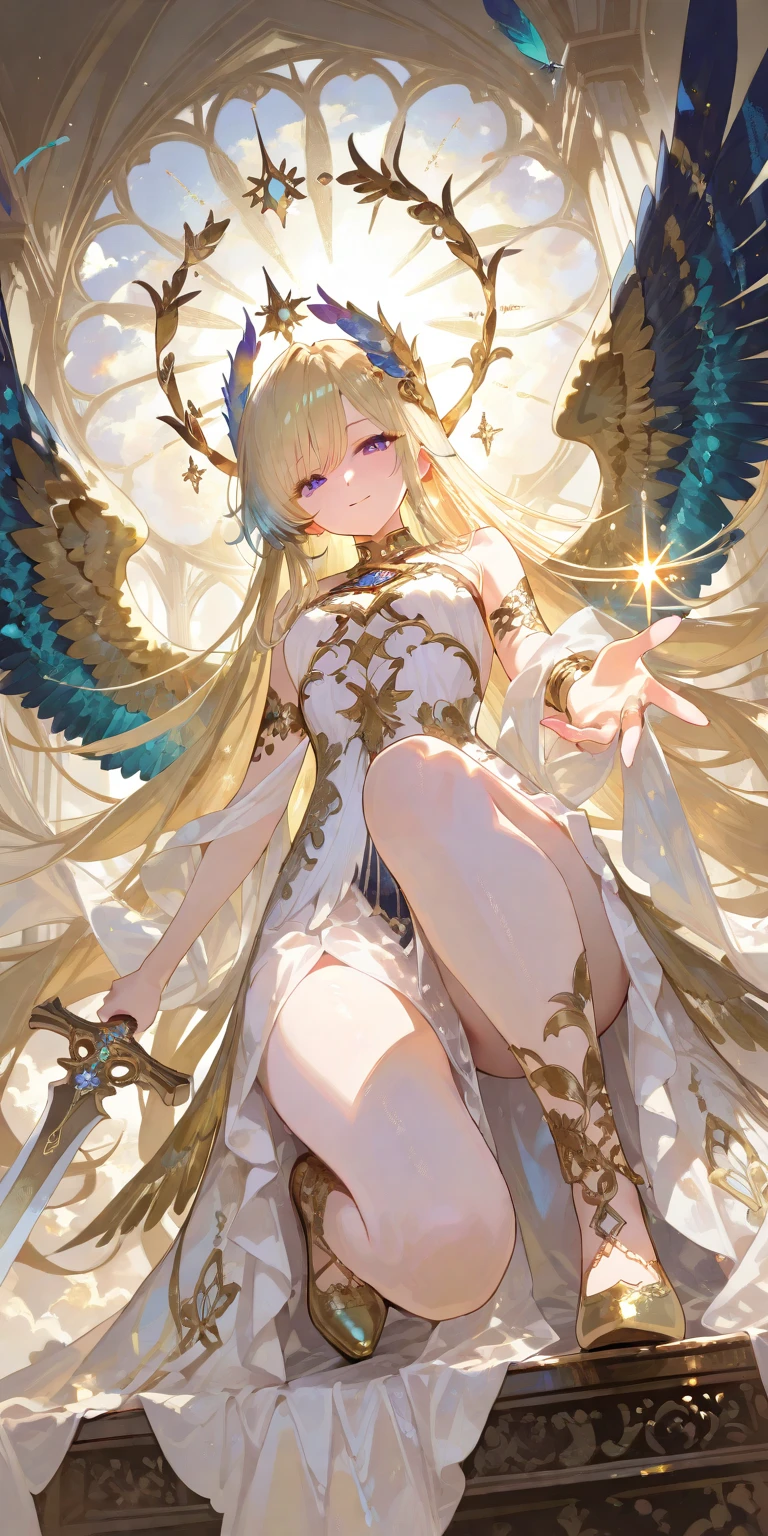 4k,hight resolution,Bright blonde hair,Bright light blue eyes,Longhaire,huge tit,valkyrie,mysterious armor,jewel decorations,Winged headgear,Excalibur,Temple in the Sky