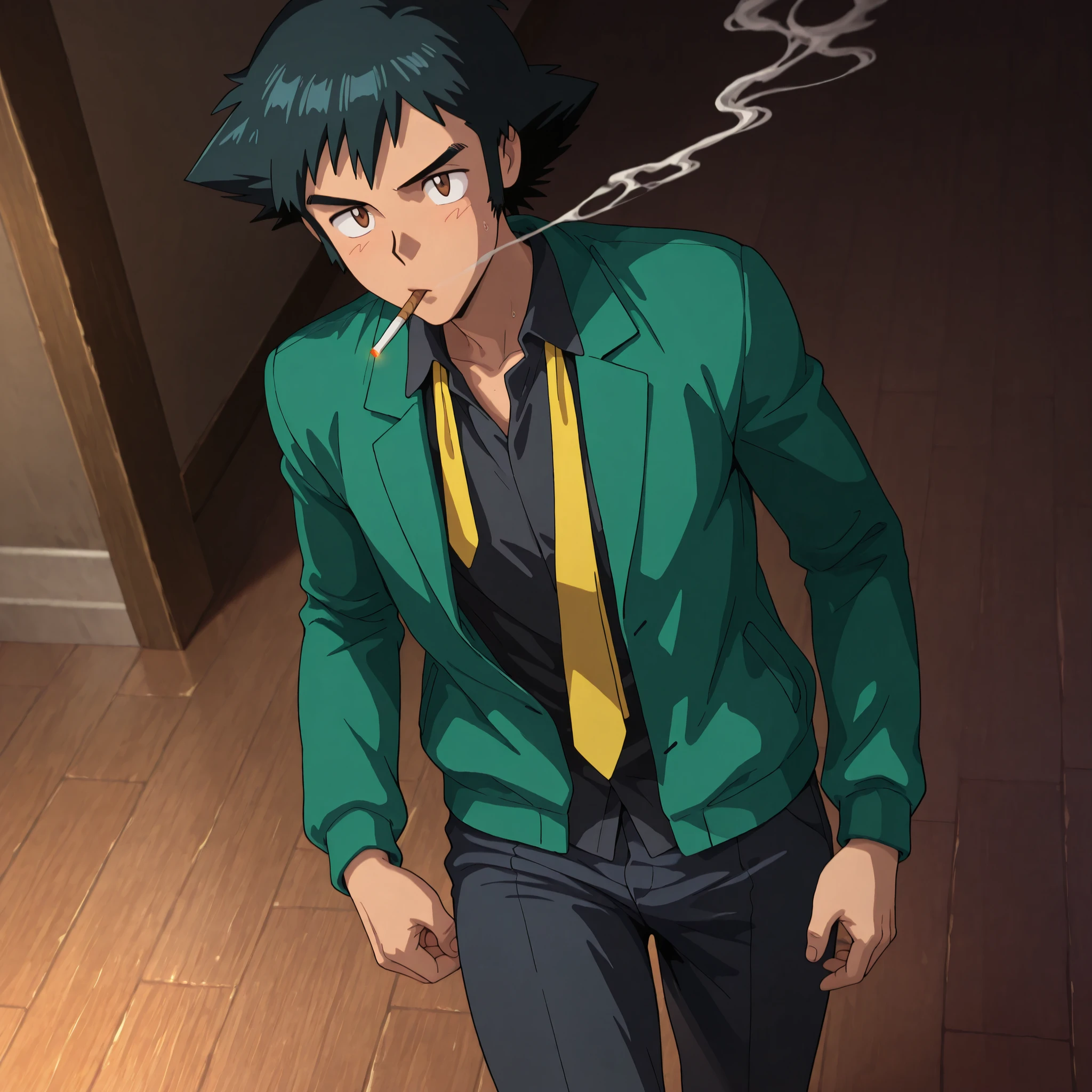 masterpiece, amazing quality, best quality, ultra-detailed, 8K, illustration, clear skin, ultra-detailed-eyes, soft skin, very awa, very as2, shiny skin, shiny hair, soft body, 90's style, official art, ashxyz, 1boy, male focus, solo, brown eyes, black hair, bangs, sideburns, green jacket,black shirt,yellow tie,open jacket, black pants, smoking