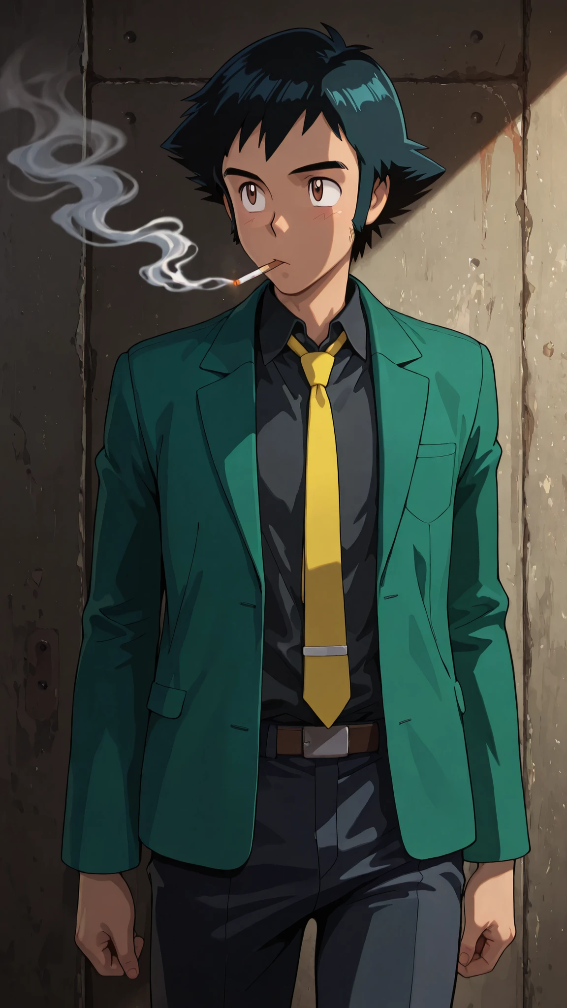 masterpiece, amazing quality, best quality, ultra-detailed, 8K, illustration, clear skin, ultra-detailed-eyes, soft skin, very awa, very as2, shiny skin, shiny hair, soft body, 90's style, official art, ashxyz, 1boy, male focus, solo, brown eyes, black hair, bangs, sideburns, green jacket,black shirt,yellow tie,open jacket, black pants, smoking