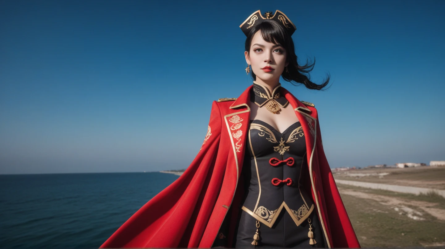 (masutepiece), Professional , ​masterpiece、top-quality、photos realistic , depth of fields （Gemstone Silver Metal Body:1.９),(Matte White、（Put on a detailed pirate hat）、Jewel Gold Weapon（Jewel Metal Body:1.４),（Gorgeous metal weapons） , Detailed Sword of the Brave , 20 year old girl   ,warhammer 40k , The port town、adepta sororitas,Detail and ornate jewel crown、Black hair、Gangle's forest background、Young Caucasian beauty、１a person、dynamic ungle,(((Detailed and ornate diamond crown)))、Smaller head、A smile、Take a sexy pose、Thin and beautiful female hands、cleavage of the breast、Soldier in iron armor on background、A port city with a view of the sea、Pirate Ship、