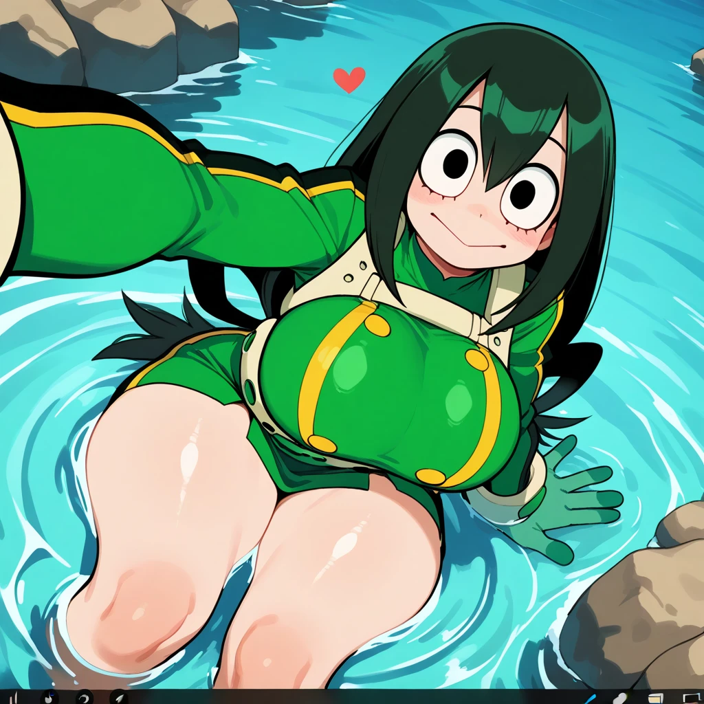 Tsuyu asui, frog girl, green hair, black eyes, large eyes, florest background, tress and rocks, waterfall, she is squatting, medium breasts, no clothes, nsfw, green pubic hair, wet body, tongue out, frog tongue, gigant tongue, (best quality,4k,highres,masterpiece), artistic style,subdued colors, vivid colors, professional lighting, detailed lips, detailed eyes.