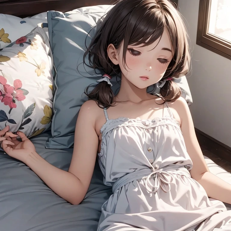 Sleeping girl, 19 years old, realistic, she is wearing small dress, she is wearing transparent dress, [nfsw,],brown hair.