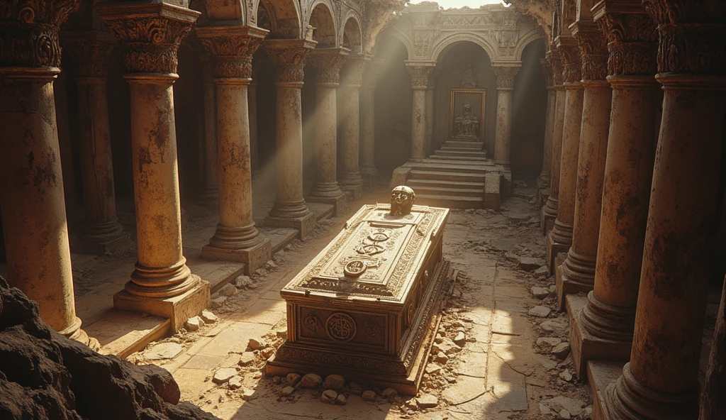 mummy,a realistic wide angle shot of an ancient crypt with a mummy on a stone sarcophagus covered with dust and humidity,little light,dark colors,eerie atmosphere,sepia tone. Photorealism,high details,4k,unreal engine5