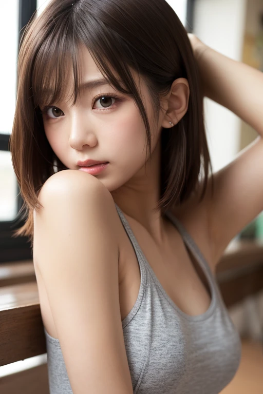 (Best image quality)、Ultra-Realistic Capture、19-year-old Japanese woman、Highly detailed eye resolution、cute、bob hair、With bangs、Show your armpits、Sleeveless dress、White Background、Natural light、Translucent white skin、Orange Makeup、The side of my hair is hanging over my cheek