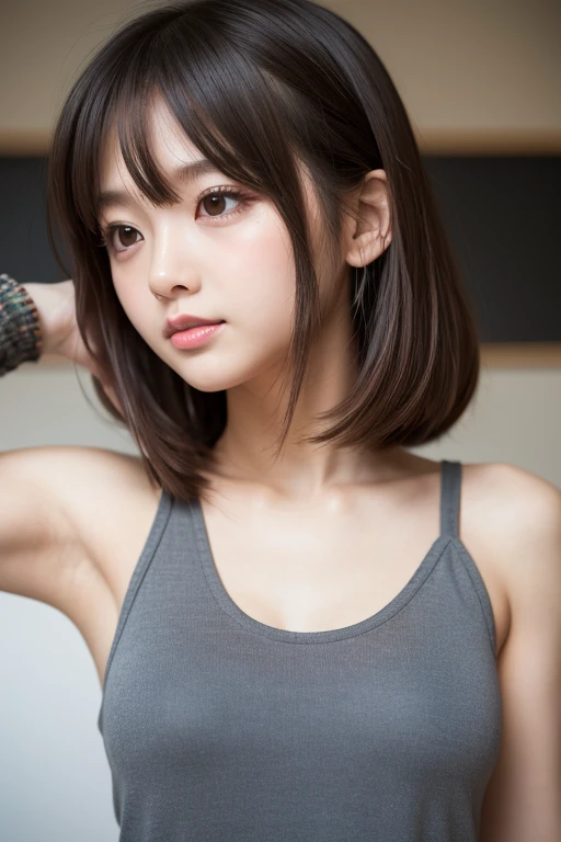 best quality, photorealistic, 8k, high res, 1girl, woman, (skindentation), (portrait:0.6), gorgeous, ((whitebackground, sport tanktop, small breast:1.8)), ((short straight hair, parted bangs:1.8)), looking at viewer, (1girl eyes looking at viewer:1.6), photorealistic, (bokeh), (closed mouth:1.6), gorgeous, pureerosface_v1,