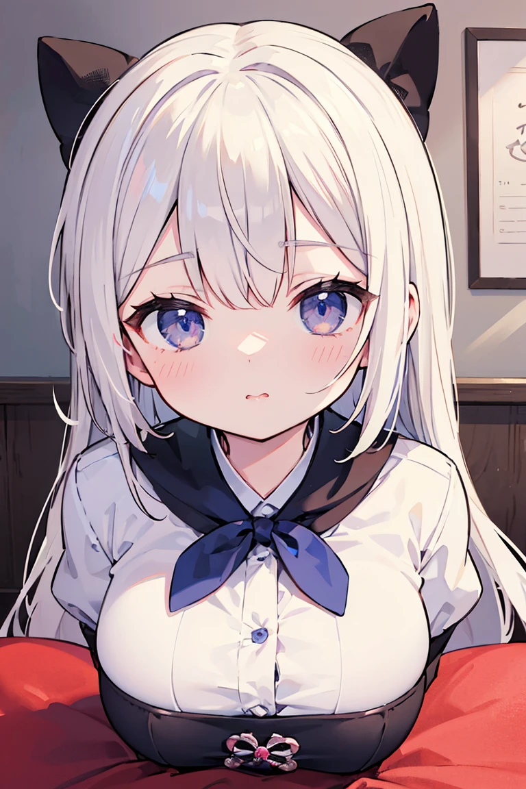 ((masterpiece, best quality)), high resolution,ultra detailed,8k,16k,detailed background, perfect lighting,detailed beautiful eyes,1girl,nsfw,embarrassed,blush,look at viewer,steam,sweat,aroused,seductive eye,(from above,from front:1.2), (pov:1.3),face focus,fisheye lens,1boy,1penis,(oralsex),(deep fellatio:1.4),(deepthroat:1.3),:>=,(penis in mouth),cum in mouth,hetero,plana,white hair,long hair,black hairband,white ribbon,braid,fair skin,(flat chest),(short body,slender,short stature,narrow sholders,7years old,over size head:1.1),class room,black sailor,half closed eyes