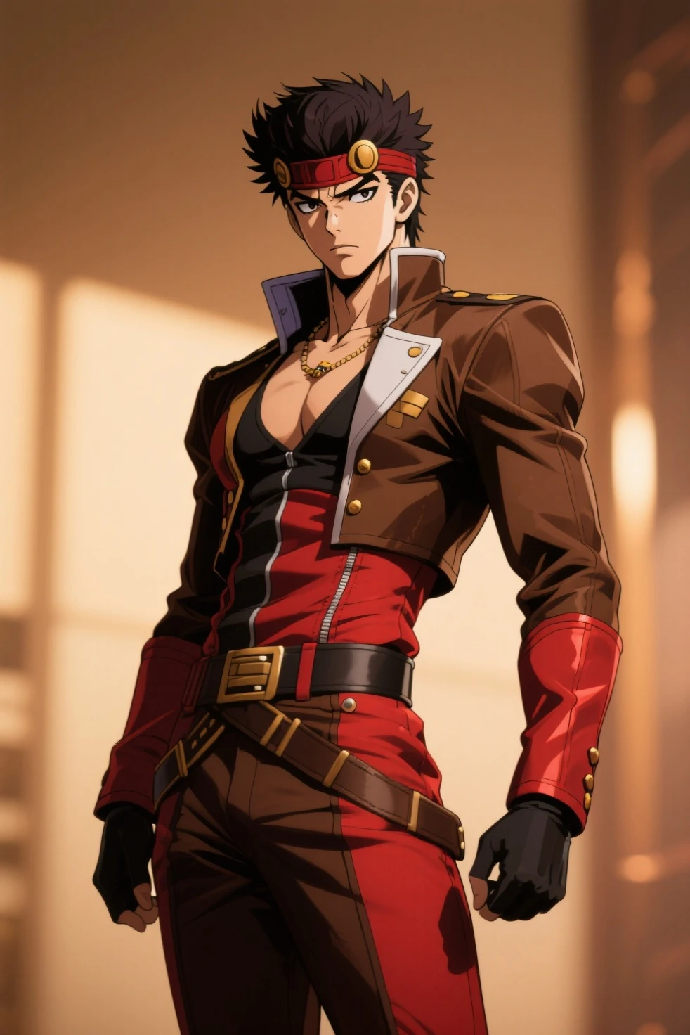 (masterpiece, best quality:1.2), cowboy shot, solo, male focus, 1boy, sol badguy, muscular male, grin, looking at viewer, hand on hip, brown hair, ponytail, headband, red jacket, white pants, fingerless gloves, belt
