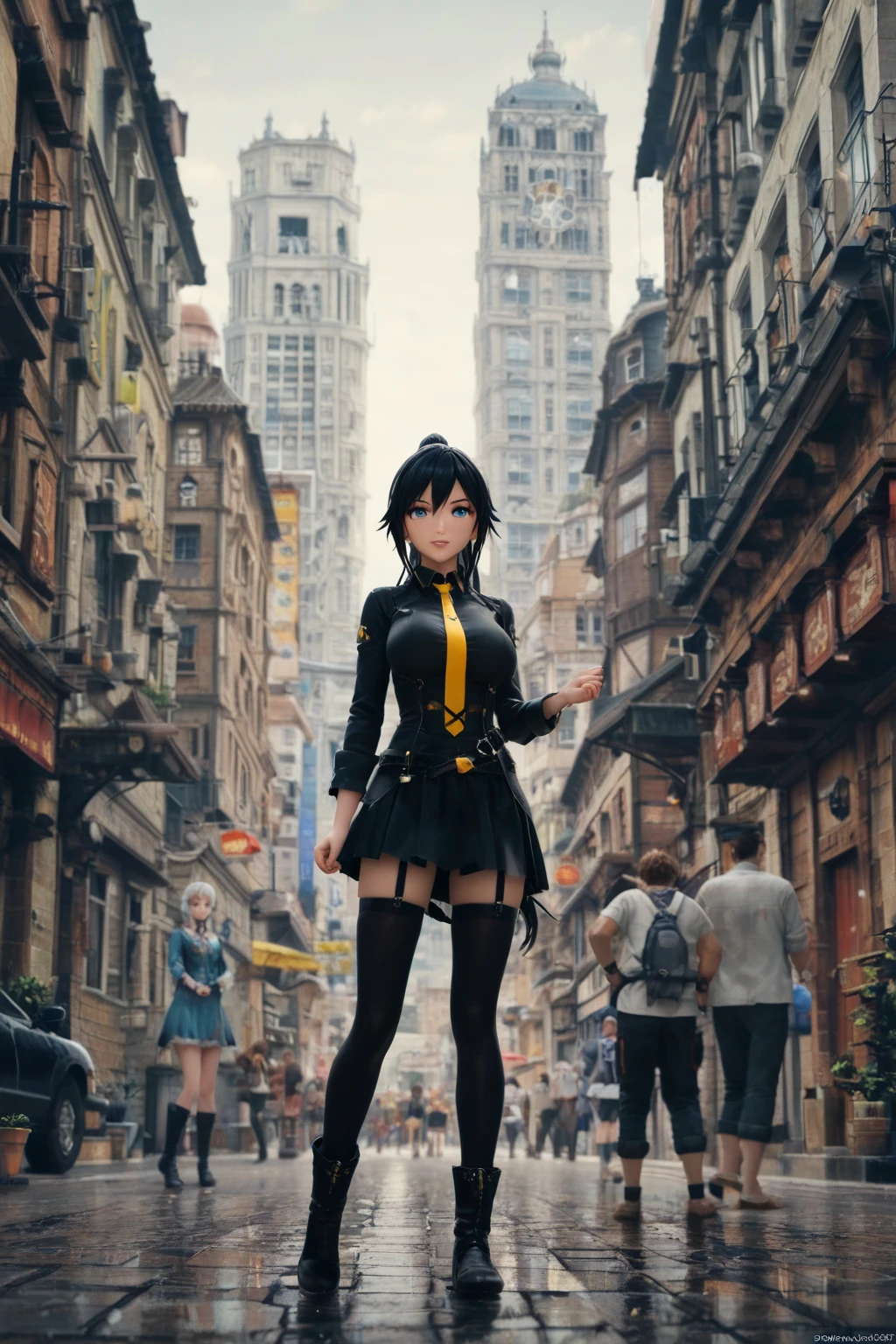 A girl, obito uchiha: short black hair, hands in pockets, cyberpunk style clothes, gazing at viewer. work of art, アニメ, realisitic, a futuristic city in the background and some people passing by.