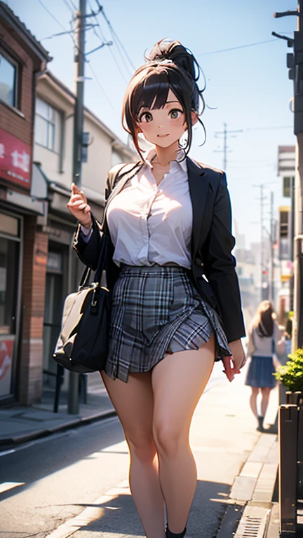 (((masterpiece, Highest quality, High resolution, 超High resolution, Perfect Pixel, Depth of written boundary, 4K, RTTX 10.0))), Beautiful Anime Woman, Beautiful art style, Anime characters, ((Smooth texture, Realistic texture, Anime CG Style)), Exact finger count、Exact number of legs、(Exact number of arms:1.0, Exact number of hands:1.0), (Perfect hands, Perfect Anatomy), Cinematic, Realistic, Extremely detailed CG, Daytime lighting, Perfect lighting, Best Shadow, The best natural light, whole body, Perfect body, Slender body, ((bangs, Dark reddish brown hair, Bobcut)), (Detailed face, Beautiful Face, Cute Face), (An adult woman is walking while lifting her skirt with her hands.:1.7), (Fashionable white shirt, Sailor collar, Navy blue knee socks, loafers, Navy pleated mini skirt:1.3)、Angle from the front, ((Sexy and stylish blue underwear:1.3), (Stylish shiny blue satin panties, Side-tie blue panties, Blue panties with plain blue in the center and black lace on the sides:1.3), (Thin panties:1.3)), (Beautiful big boobs), (The chest area of the shirt is tight:1.2), (Beautiful and thin thighs:1.3), Feeling embarrassed, (blush:1.2), (Very embarrassed look:1.5), A very patient expression, (City hustle and bustle, Buildings on the background, Sidewalk, Intersection in the background, Akihabara-like streetscape, Many people dressed in clothes in the background々:1.4)
