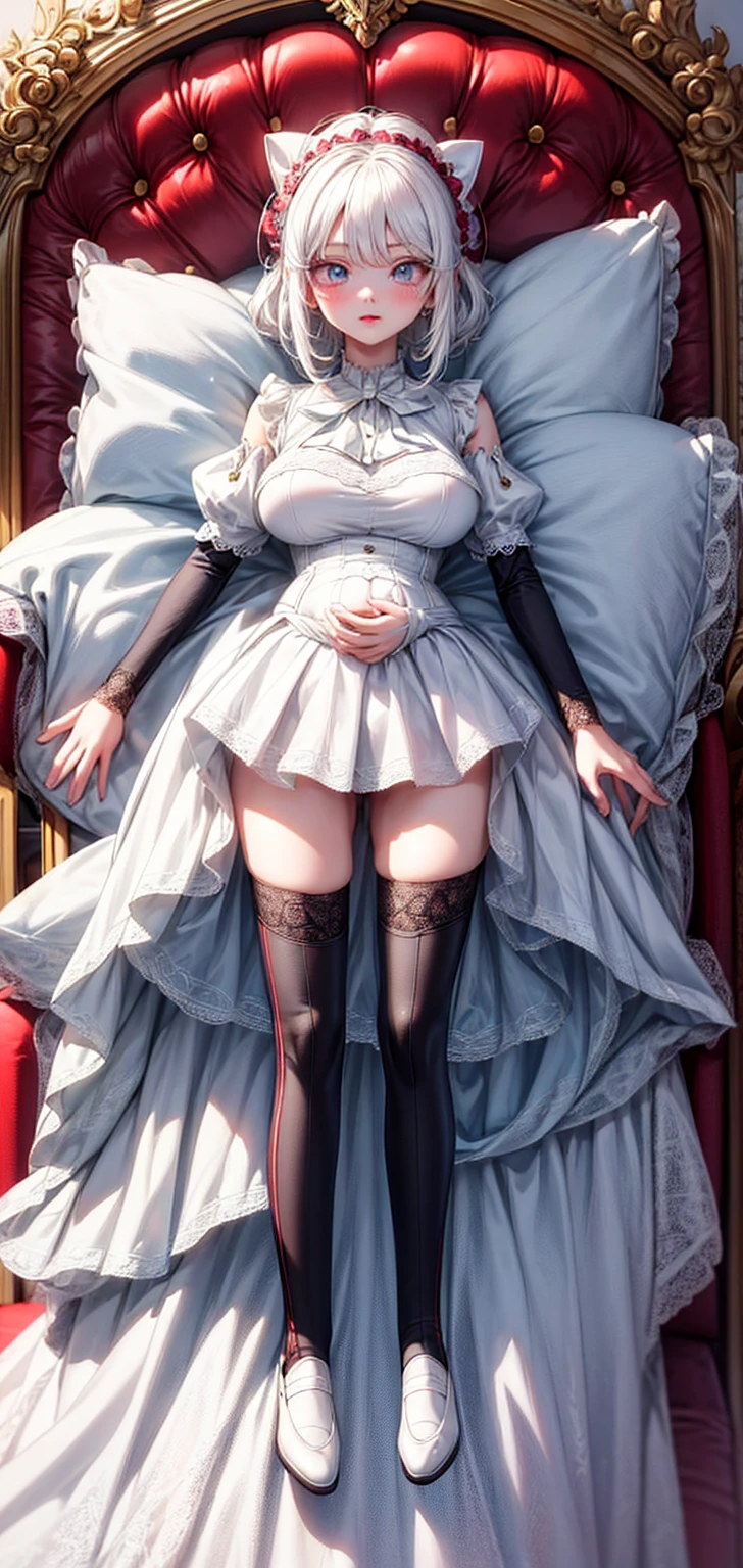 Ultra-high resolution, masterpiece, Highest quality, Very detailed, Anatomically correct, Sharp focus, Midnight, Gloomy atmosphere, Messy bedroom, (Lying in bed), whole body, Stretching, dakimakura, Head to Toe, One person, alone, Cami Love, Pink Hair, short hair, Shoulder-length hair, (black head wings:1.1), (Twin ponytail), Purple eyes, Purple iris, (Facial blemishes), Small Mouth, Mouth closed, smile, gold cross choker, Black lace arm sleeves, Thin arms, Black gloves, Small box, 1 Devil Wings, One Wing, ((Long black gown)), Frilled gown, Slim legs, Black lace stockings, (whole body pose) , (close), Innocent pose, Eye-level shot, Front view, Scattered pink petals, nsfw, naked, pussy, boobs