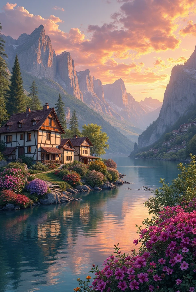 A small town by the river, mountains in the background, colorful floral flowers, detailed landscape, beautiful natural landscapes, atmospheric lighting, scorching sunset, warm colors, practical, photographic, detailed foliage, complex buildings, cobblestone street, charming country house, vibrant colors, lush vegetation, reflections in the water,  picturesque, idyllic, work of art, better quality, 8K, extremely detailed, anime style