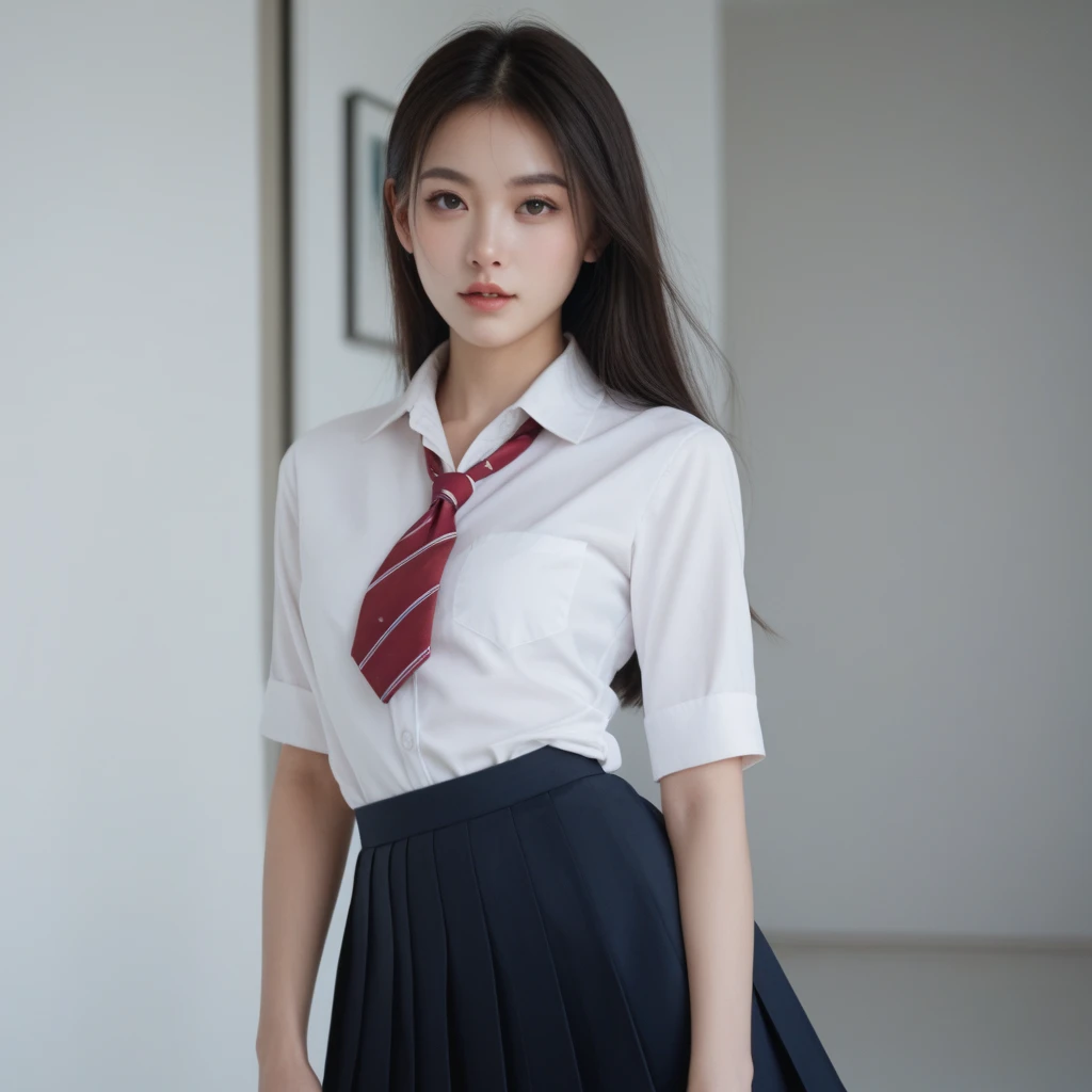 Korean woman, sexy face, white skin, tight gray skirt, Tight shirt, necktie