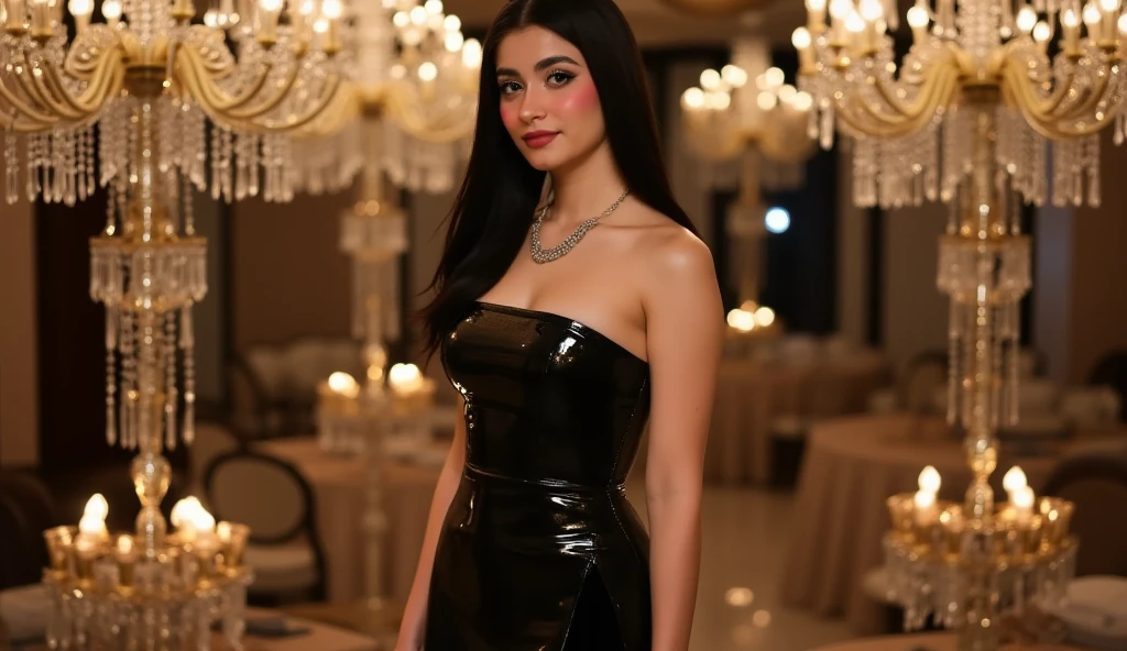 araffe woman in a black dress sitting on a stool in front of a mirror, wearing an elegant dress, extravagant dress, she is wearing a black dress, strapless dress, opened dress, her black hair is a long curly, sexy gown, gorgeous lady, jaw dropping beauty, stunning dress, wearing a tight black dress, attractive and beautiful, dressed beautiful gown