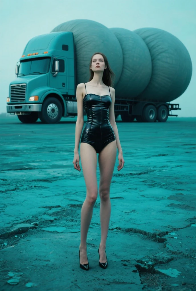 5:30 am, cold wind, 40 years old haughty woman albino Love Brandi, dressed up orange leather straps, down blue lace, hot sparky morning night lingerie show, cute catwalk on the dirty road, hypnotic, feminine photo