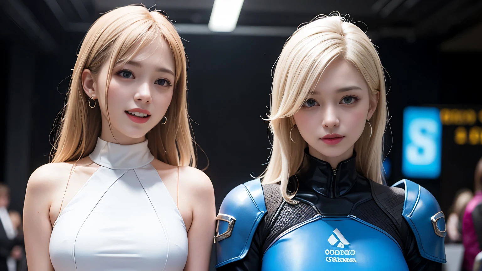 platinum blonde hairの若くて美しい金髪白人美女2人が離れて立つ, Young and beautiful 27-year-old sci-fi twins , アンドロイドスーツを着た2人のIrish Beauty, 鼻の高い高貴な若くて美しいIrish Beauty2人, cyberpunk 2 women, high neck android suit, young and beautiful 27-year-old Hollywood actress, diverse cyber suits, A clear blue sky during the day, High Neck Style , ung and beautiful white women from the aristocracy wear dress type high neck cyber suits, High Neck Style , business style settings, android suit outfit, High Neck Style で, operate a keyboard with LED light、skin with realistic texture、Separate the face、 gorgeous earrings、gorgeous necklace、 Blue Nail Polish 、 opens her mouth and laughs、platinum blonde hair、 Blue Eyes Shining Blue 、Blue Eyes Are Moisturizing、laughs happily、big blue eyes、16k,UHD,High Quality、Business Ads、Advertisement Photography、Real Photo、The head position is below the center of the screen、the distance between the face、Face height is below the screen、small breasts、 celebration、Pointy Nose、Irish Beauty, looks up