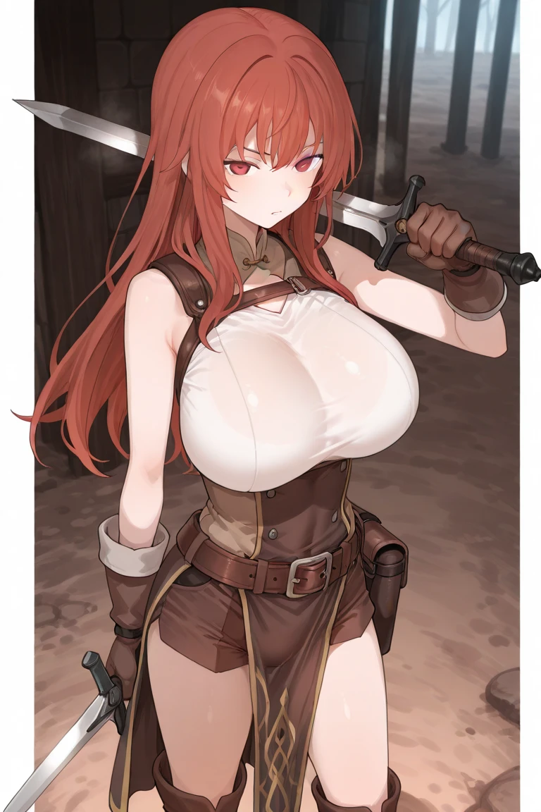 (masterpiece, best quality:1.2) best quality, masterpiece, highres, focus, anime style, a closeup of a cartoon of a woman, girl design, portrait, giesha, anime image, long hair, red hair, heterochromia eyes, hair covering ears, cat ears, horny and shy look, nude ,pink gloves, black belt around waist, round thick giant breasts, ((huge breasts)), ((large breasts)) ,engineer, engineer tools, erect nipples, mechanic, tools, tools in hand, black tighs, wrench , wrench in hand, toolbox
