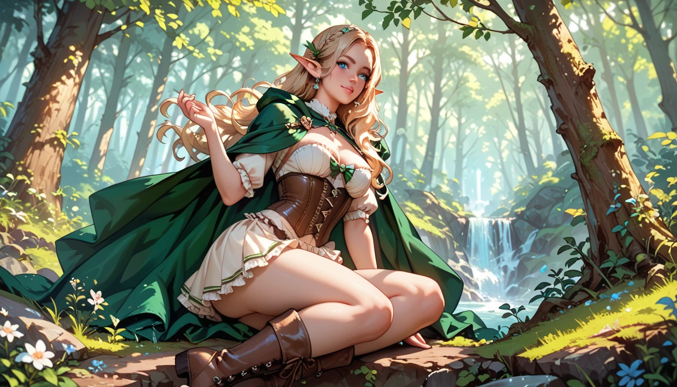 A beautiful female elf, long silky light brown hair, elf ears, almond-shaped eyes, thin lips, round face, huge breasts, sitting on a fallen tree trunk, wearing the clothes of an elf from the elven aristocracy, very beautiful, pure look, perfect art, masterpiece, character details, free and perfect scene sultry look, seductive,
