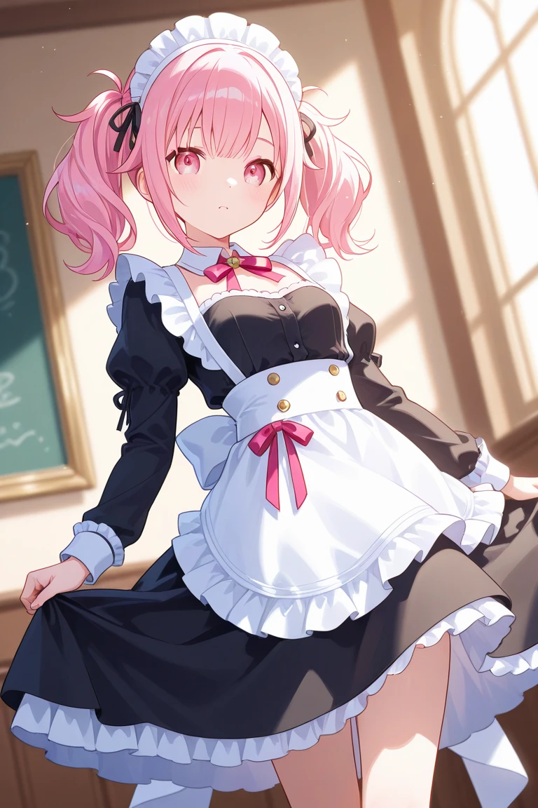(Highest quality), (masterpiece), 1080P, High resolution, 4K, 8K, ((body cream)), Thighs, Hips, Shooting from below, Look down, Embarrassing, ((Maid clothes)), classroom, chest in hand, Shoulder Bare, throw, chest blowjob, between chest, paizuri, chest, Breast compression, Open your mouth, Fang teeth, Panic face, Exposing the nipples, Frills, ((string)), Frillsビキニ, small chest, pink blonde hair, pink blonde hair, Twin tails, Both sides up, Thigh-high socks, 18-year-old, flip flops, strap, Waist button, smile