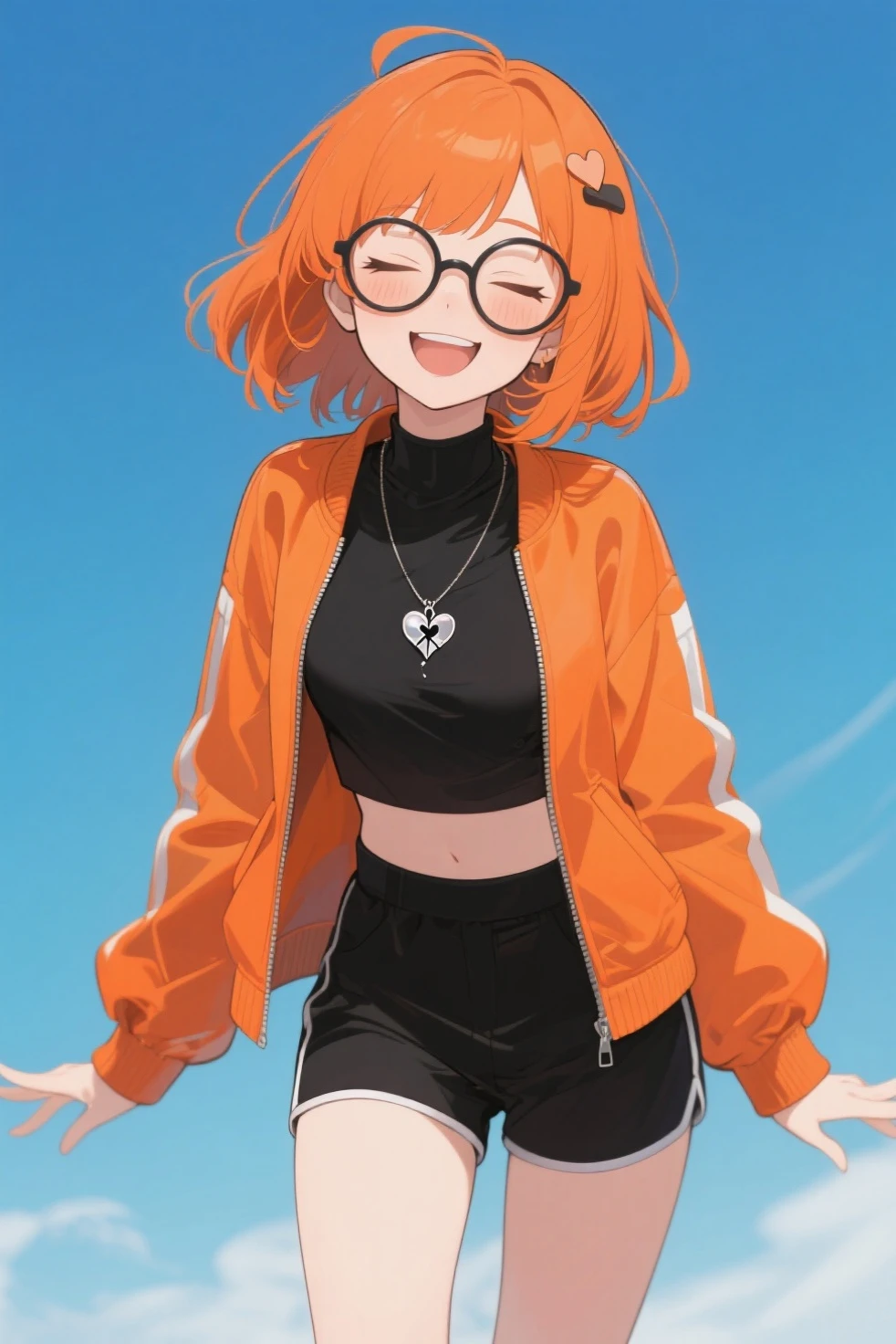 A character with bob hair, red hair and cat ears Red Tail B Cup Blue-green eyes A light brown hoodie with a donut pattern Thighs Tree Eyes